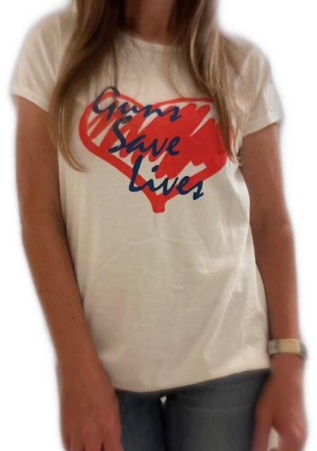 Product Description: Model is 5'2" and is wearing size M.</br> Guns Save Lives Women's Tee