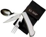 Product Description: Portable fork, knife and spoon with nylon carrying case is designed for on-the-go or outdoor dining. All three utensils slide apart and back together for an all-in-one dining kit. Just toss in a backpack or glove compartment.</br></br>Handle Color: Silver</br></br>TECHNICAL SPECS</br></br>WEIGHT</br>0.35 lb</br></br>BLADE TYPE</br>Folder</br></br>BLADE LENGTH</br>3 inches</br></br>OVERALL LENGTH</br>6.625 inches</br></br>EDGE ANGLES</br>25 Degrees</br></br>SHAPE</br>Clip Point</br></br>TANG STAMP</br>KA-BAR</br></br>KNIFE MATERIAL</br>3Cr13 Stainless Steel</br></br>LOCK STYLE</br>Lockback</br></br>GRIND</br>Flat</br></br>HANDLE MATERIAL</br>3Cr13 Stainless Steel</br></br>ROCKWELL HARDNESS</br>52-54</br></br>KNIFE MANUFACTURED IN</br>China</br></br>SHEATH MANUFACTURED IN</br>China</br></br>BLADE THICKNESS</br>0.078 inches</br></br>BLADE WIDTH</br>0.563 inches</br> KA BAR KA1301 HOBO CLAM PACK