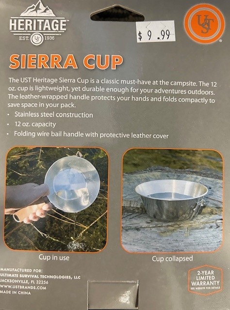 Product Description: • Stainless steel construction</br>• 12 oz. capacity</br>• Folding wire bail handle with protective leather cover</br> UST Brand Heritage Sierra Cup