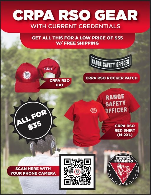 Product Description: *Be advised you must be a certifiedCRPA Range Safety Officer to order the CRPA RSO Starter Package.</br></br>Starter Package includes:</br></br>CRPA RSO Red T-Shirt</br>CRPA RSO Hat</br>CRPA RSO Rocker Patch</br></br>A $40.00 value.</br></br>Save $5.00 off and get FREE shipping when you purchase your CRPA RSO starter package.</br> CRPA RSO Starter Package