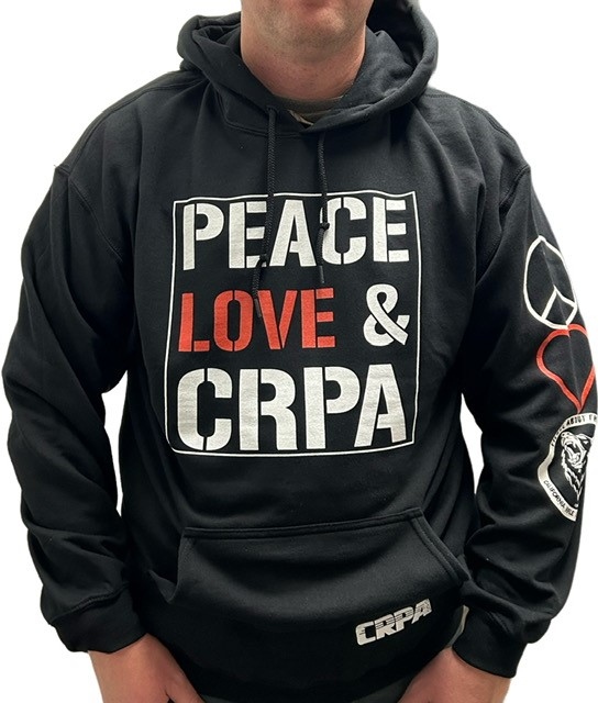 Product Description: Show your support in style with our Peace, Love & CRPA Hoodie. Our Warm fleece lined hoodie will keep you warm all winter!</br> Peace Love & CRPA Hoodie